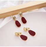 Metal Retro Style Lady Charm Ear Clips Wine Enamel Geometric Red Earrings
