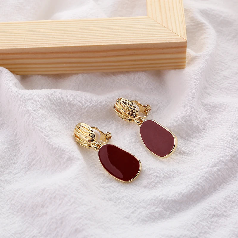 Metal Retro Style Lady Charm Ear Clips Wine Enamel Geometric Red Earrings