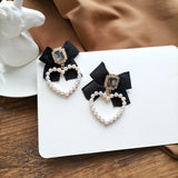 Retro Rhinestone Bow Clip Earrings Heart Shaped Pearls Clip On Earrings