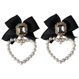 Retro Rhinestone Bow Clip Earrings Heart Shaped Pearls Clip On Earrings
