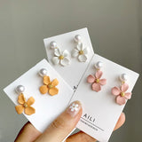 Daisy Flower Clip Earrings Summer Matte Pink Small Flower Pearl Clip Earrings