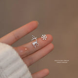 Zircon Deer Snowflake Asymmetrical Earring 925 Silver Christmas Party