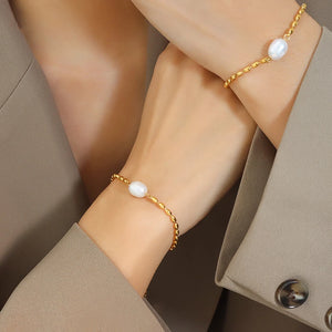 Titanium Steel Rice Bead Chain Freshwater Pearl Bracelet Women