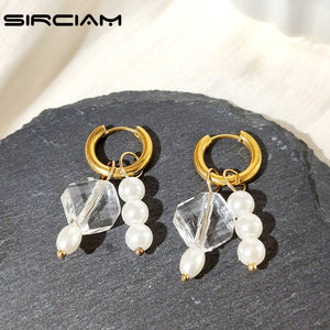 Geometric Beads Pearl Earrings Stainless Steel Hoop Earring