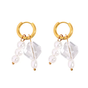 Geometric Beads Pearl Earrings Stainless Steel Hoop Earring