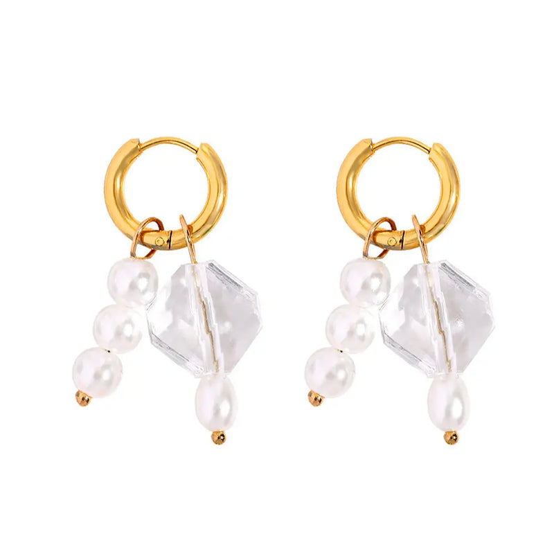 Geometric Beads Pearl Earrings Stainless Steel Hoop Earring
