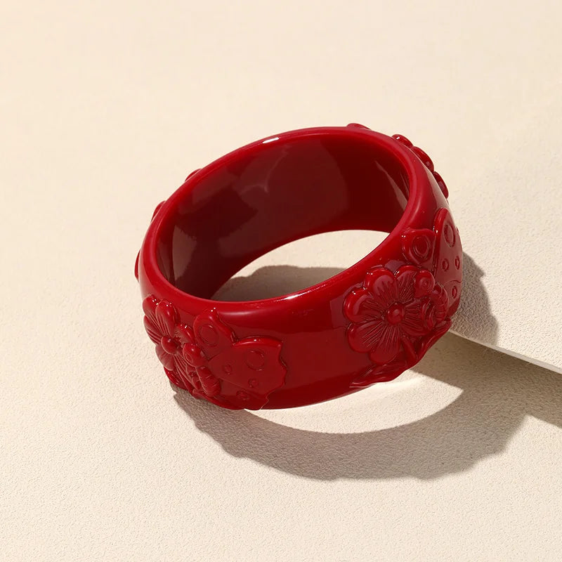 Colorful Flower Pattern Bangle Acrylic Resin Bracelet Retro Jewelry