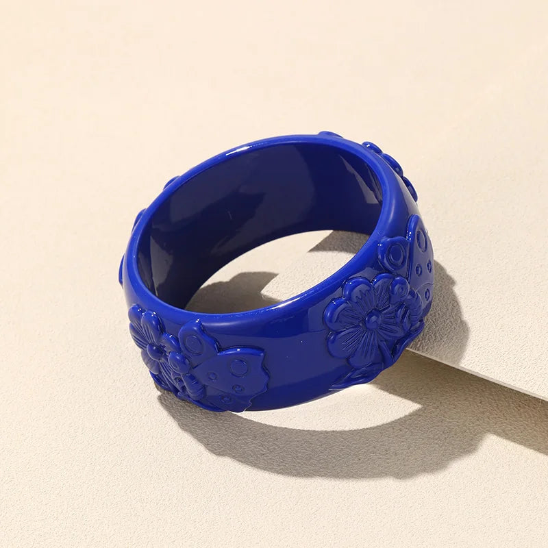 Colorful Flower Pattern Bangle Acrylic Resin Bracelet Retro Jewelry