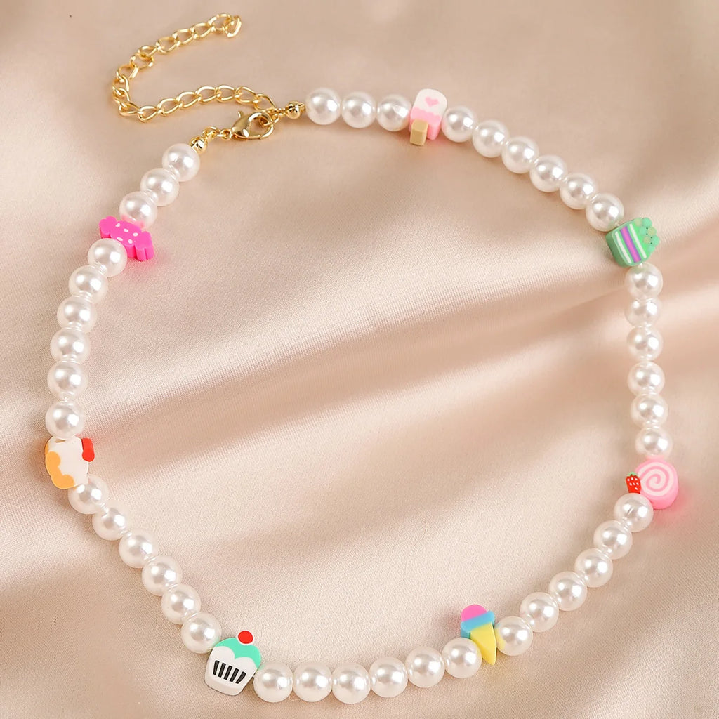 Boho Simulated Pearl Choker Necklace Colorful Face Bead