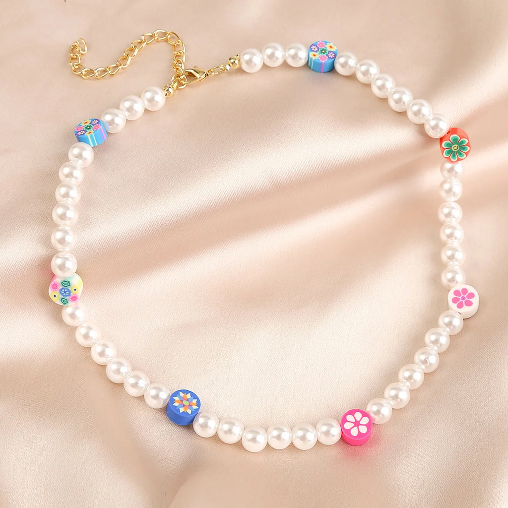 Boho Simulated Pearl Choker Necklace Colorful Face Bead
