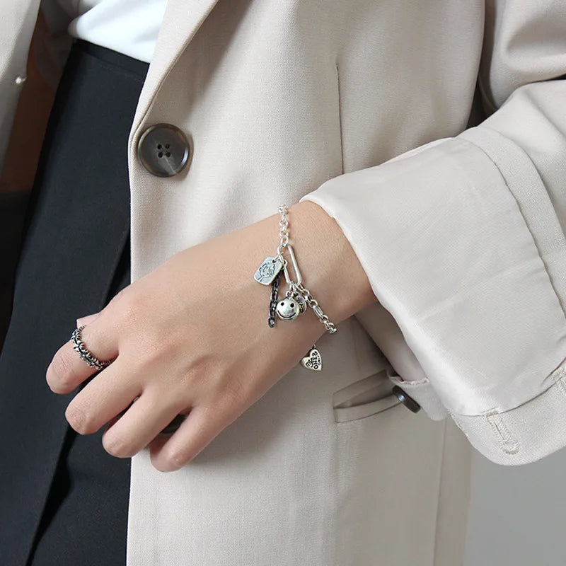925 Silver Bracelet Doll Smile Face Tag Wild Jewelry