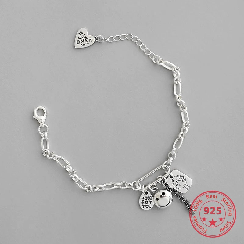 925 Silver Bracelet Doll Smile Face Tag Wild Jewelry