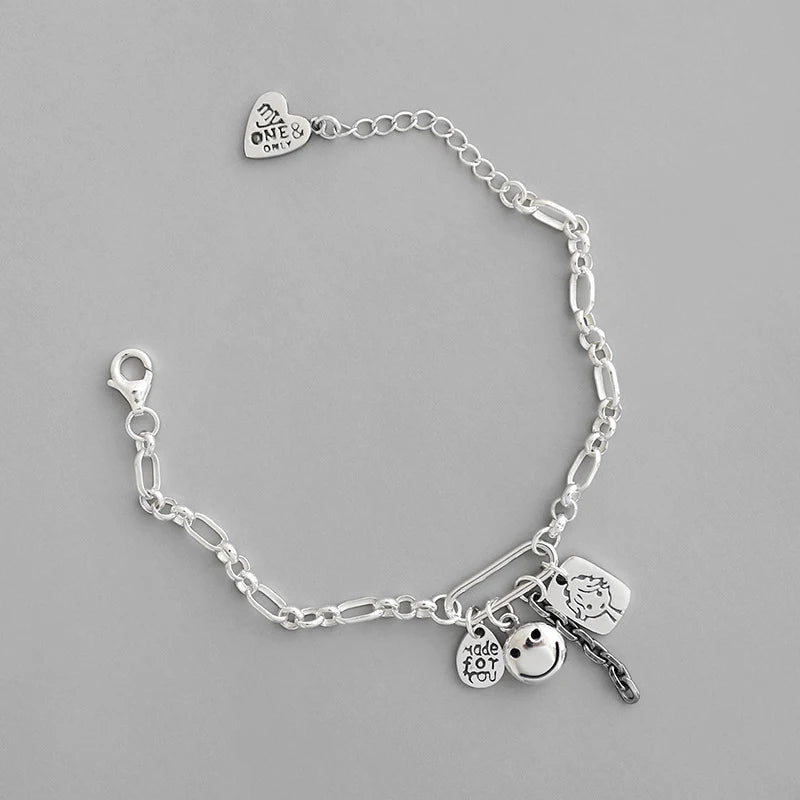 925 Silver Bracelet Doll Smile Face Tag Wild Jewelry