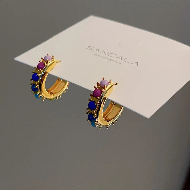 Colorful Agate Bead Earrings Sweet Spring Summer C-shaped