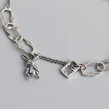 925 Silver Bracelet Retro Style Square Letter Cartoon Bunny Asymmetric Chain