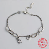 925 Silver Bracelet Retro Style Square Letter Cartoon Bunny Asymmetric Chain