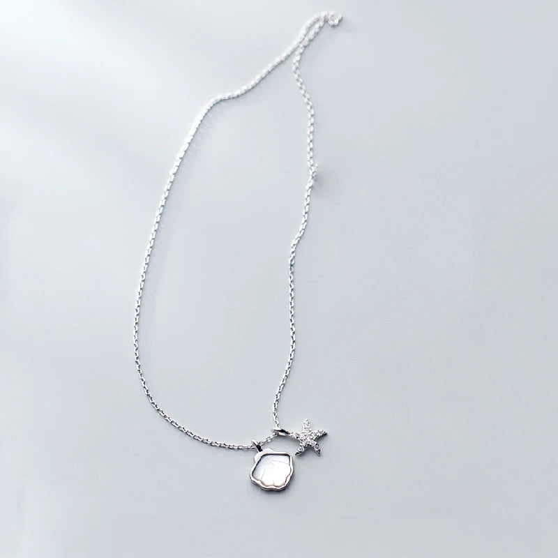 S925 Sterling Silver Starfish Shell Pendant Ocean Style Necklace