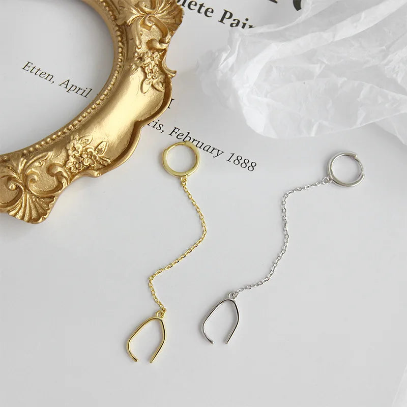 S925 Geometric Square Chain Tassel Ear Buckle Silver Earrings
