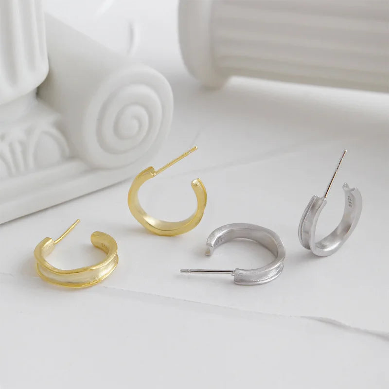 S925 Pure Silver Earrings Concave Brushed Small Personality Silver Earrings