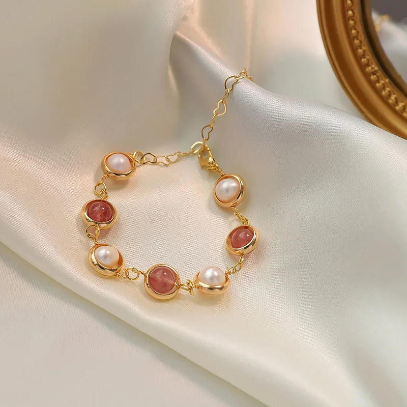 Baroque Pearl Bracelet Pink Strawberry Crystal Beads