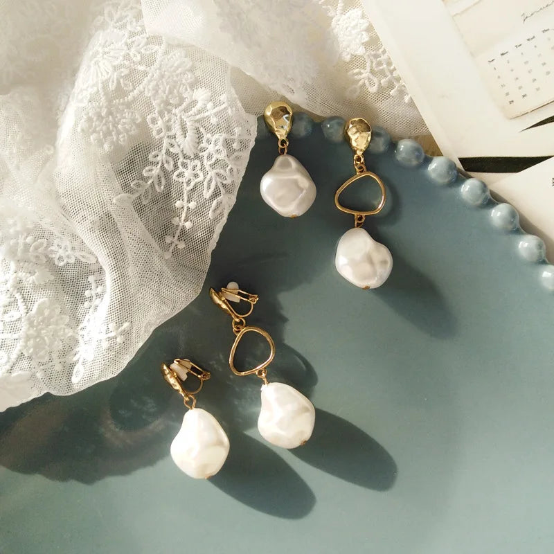 Vintage Irregular Pearls Resin Clip Earrings for Women