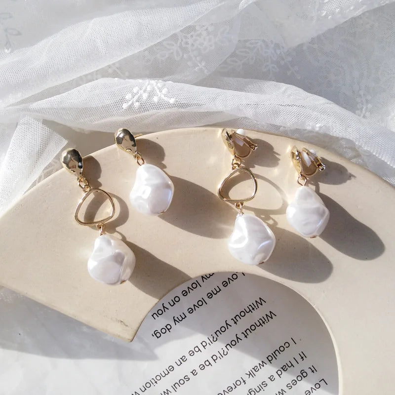 Vintage Irregular Pearls Resin Clip Earrings for Women
