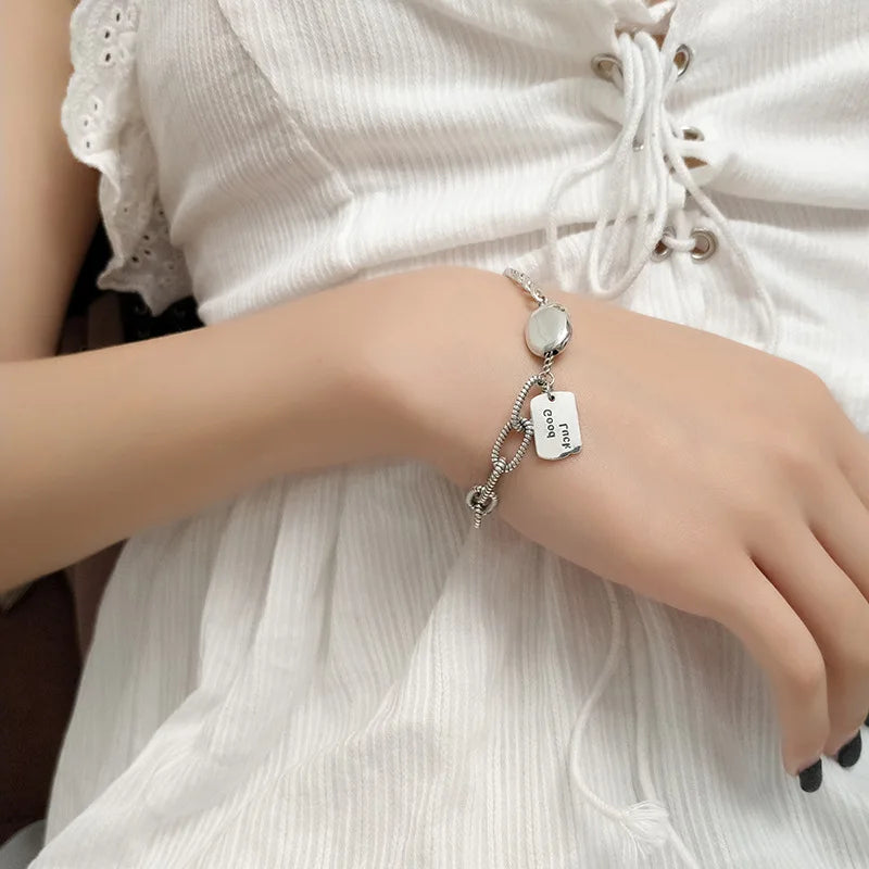 Vintage Square Letter Luck Thai Silver Bracelets Lock Chian Bracelet