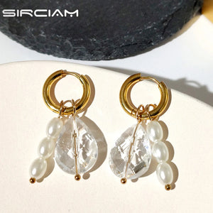 Transparent Beads Pearl Earrings For Women Stainless Steel Hoop Earring