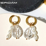 Transparent Beads Pearl Earrings For Women Stainless Steel Hoop Earring