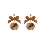 Leopard Pom Pom Earrings Clip on Brown Bow Hair Ball Clip No Piercing