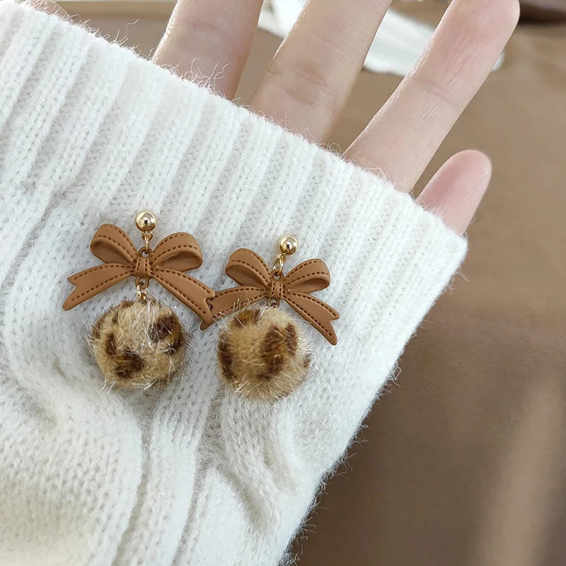 Leopard Pom Pom Earrings Clip on Brown Bow Hair Ball Clip No Piercing