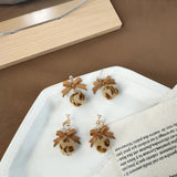 Leopard Pom Pom Earrings Clip on Brown Bow Hair Ball Clip No Piercing