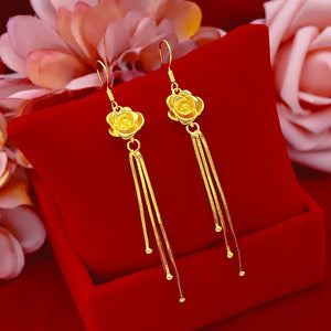 14K Drop Earrings with Long Tassel Ear Clip Yellow Rose Flowers