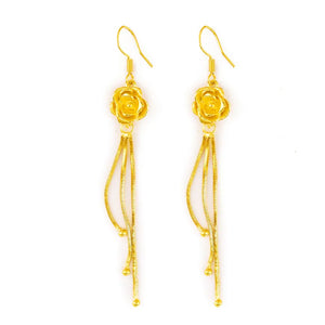 14K Drop Earrings with Long Tassel Ear Clip Yellow Rose Flowers