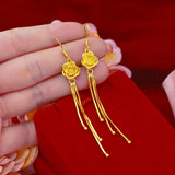 14K Drop Earrings with Long Tassel Ear Clip Yellow Rose Flowers
