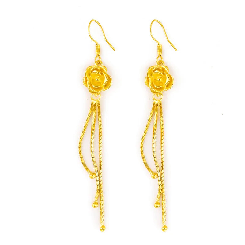 14K Drop Earrings with Long Tassel Ear Clip Yellow Rose Flowers