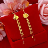 14K Drop Earrings with Long Tassel Ear Clip Yellow Rose Flowers