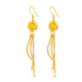 14K Drop Earrings with Long Tassel Ear Clip Yellow Rose Flowers