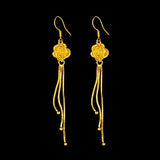 14K Drop Earrings with Long Tassel Ear Clip Yellow Rose Flowers