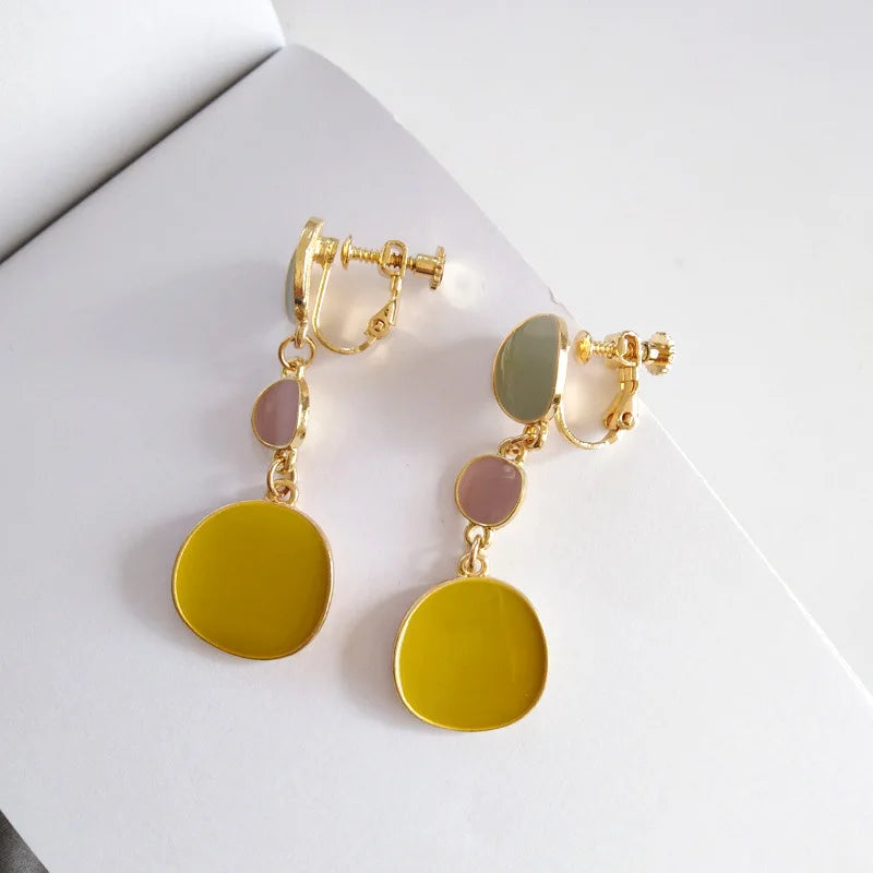 Geometry Alloy Clip Earrings Non Pierced Yellow Oil Drop Round Slice Clip On Ear