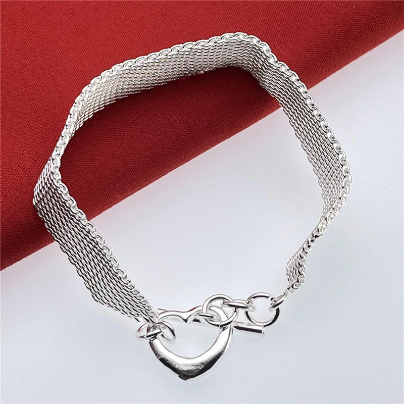 925 Silver Heart Mesh Bracelet for Women Party Wedding 16MM
