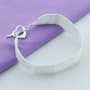 925 Silver Heart Mesh Bracelet for Women Party Wedding 16MM