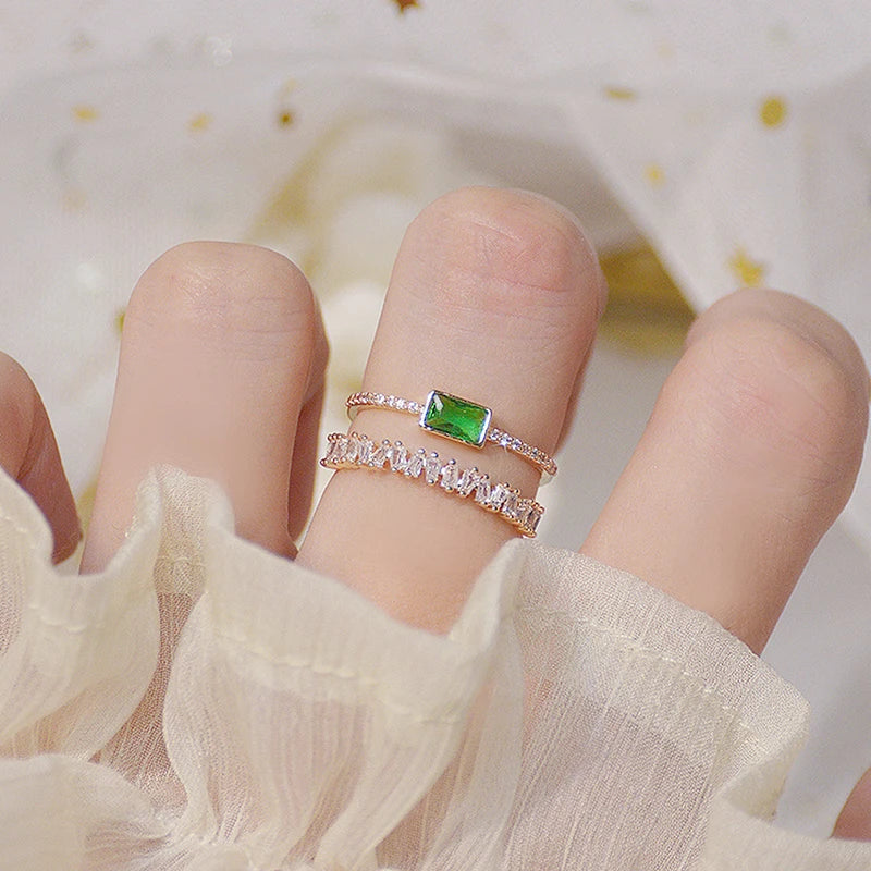 14K Real Electroplated Copper Double Green Square Crystal Women's Open Ring