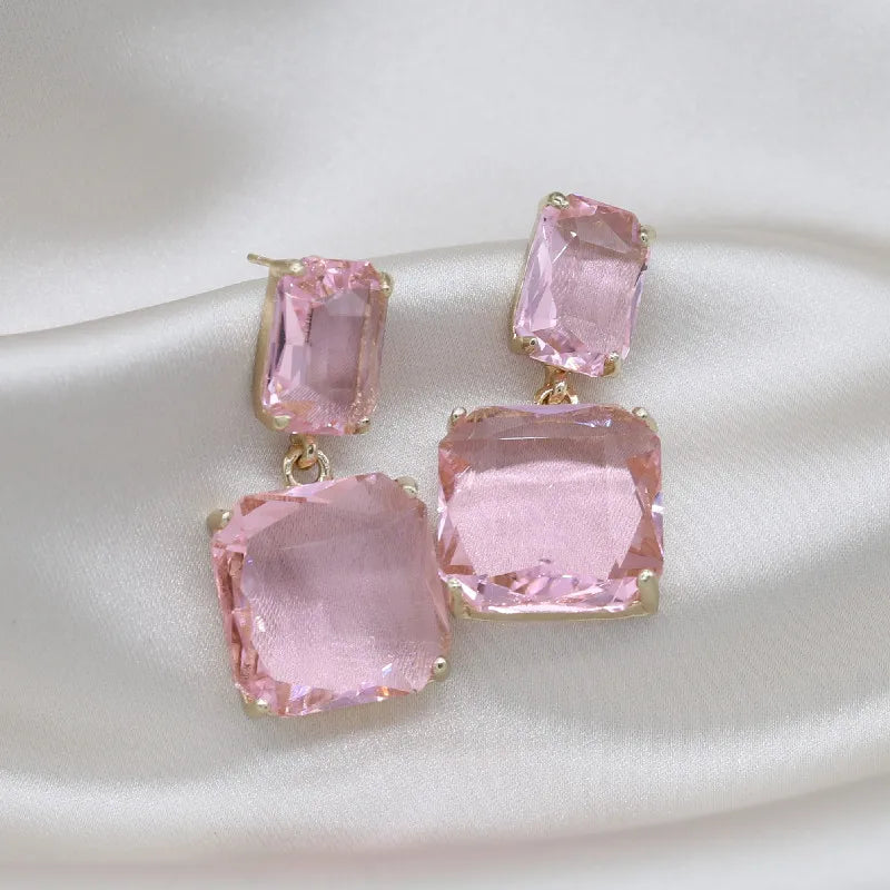 Crystal Double Square Earrings in Four Colors for Daily Wear