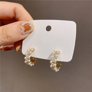 Zircon Inlaid Semicircle Earrings with Pearl Detail