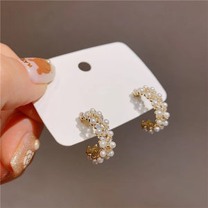 Zircon Inlaid Semicircle Earrings with Pearl Detail