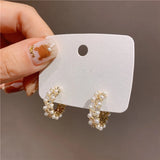 Zircon Inlaid Semicircle Earrings with Pearl Detail