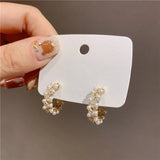 Zircon Inlaid Semicircle Earrings with Pearl Detail