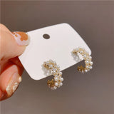 Zircon Inlaid Semicircle Earrings with Pearl Detail