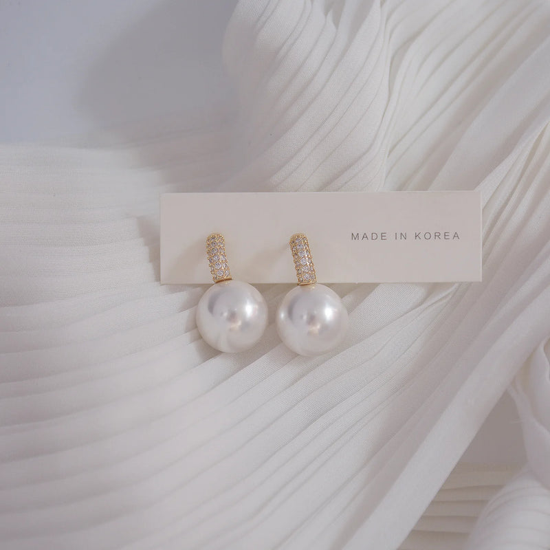 Zircon Small Hoop Earrings with Pearl Pendant
